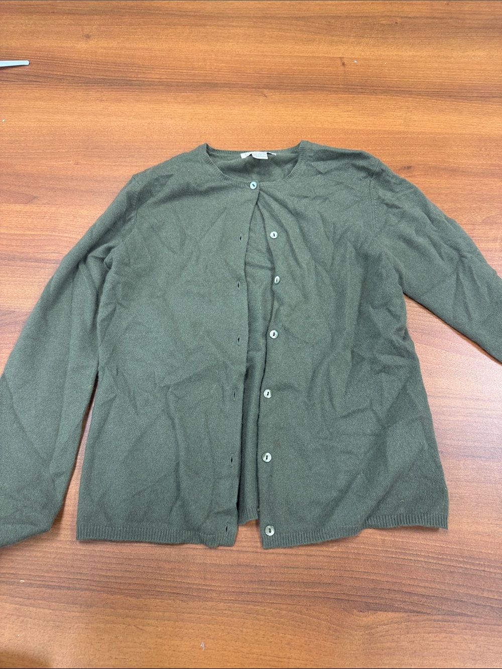 Sutton Cashmere Olive Green Crewneck Button Cardigan